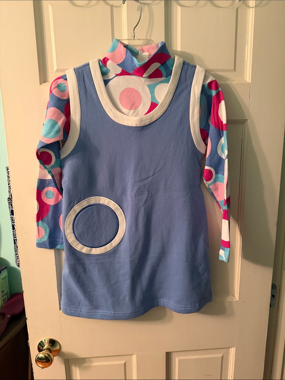 Girls Blue Layered Dress with Multicolor Circle Print Top
